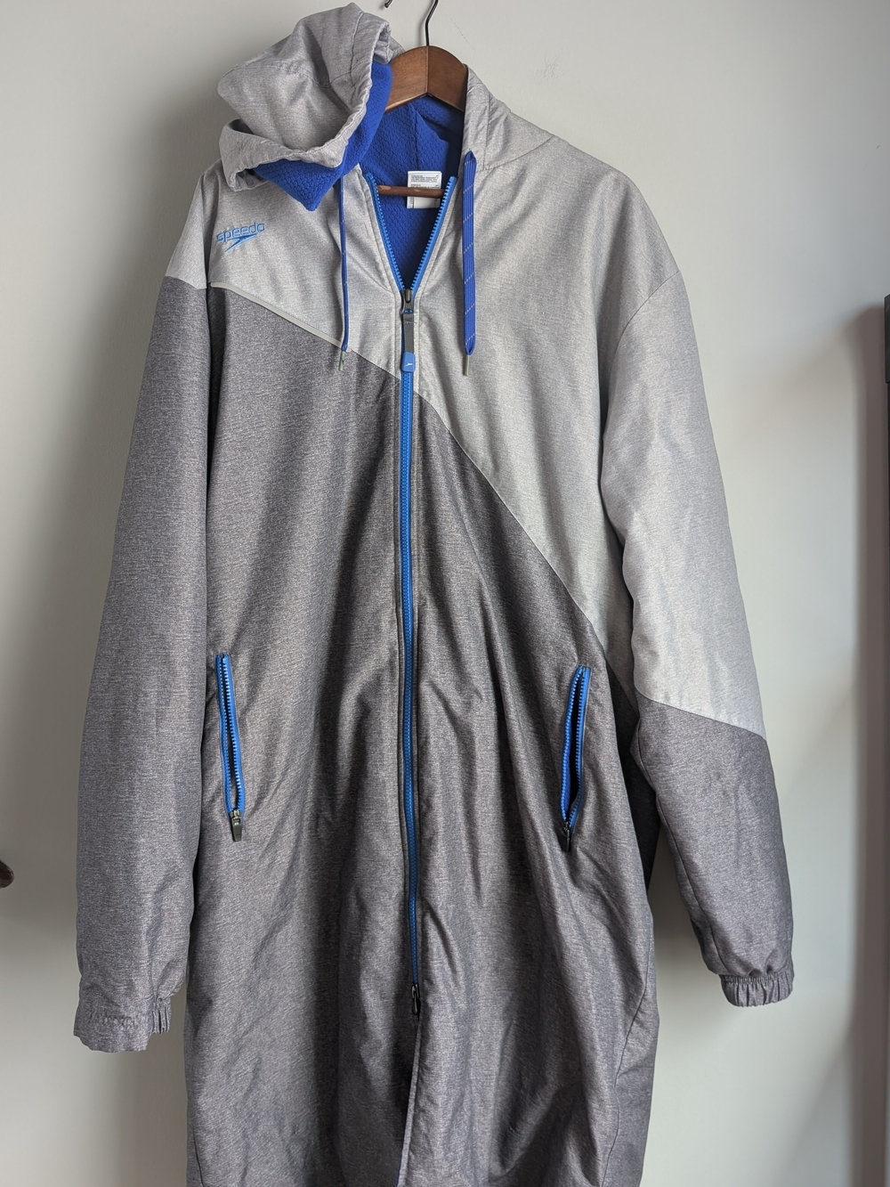 Speedo Swim Parka Jacket Men's XL Gray Blue Fleece Lined Hooded Deck Coat Warm